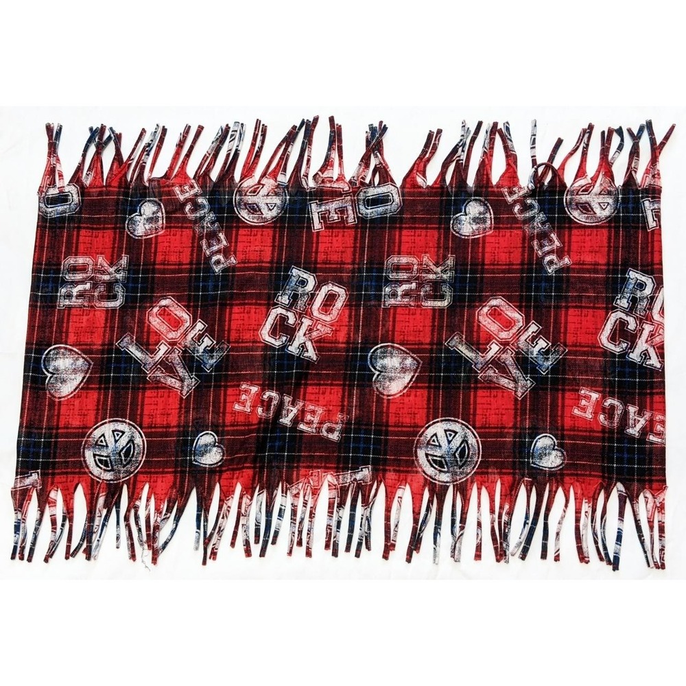 EUC Justice Girls Peace Love Rock Red Plaid Tasseled Infinity Scarf